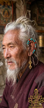Boucle d’oreille dorje vajra en métal doré bijou sacré tibétain La Magie du Bouddha.