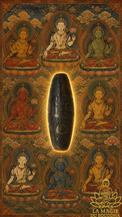 Perle sacrée tibétaine Dzi à neuf yeux ancienne patinée sombre La Magie du Bouddha.