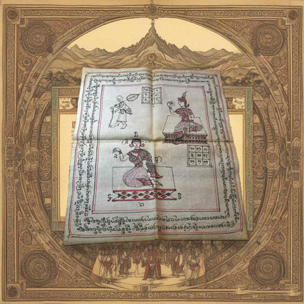 Pa Yant ancien Lanna représentant Phra Siwali, Mae Nang Kwak et une figure royale – Tissu sacré peint à la main (env. 50 ans) La Magie du Bouddha.