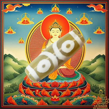 Amulette tibétaine perle Dzi trois yeux en agate translucide beige La Magie du Bouddha.
