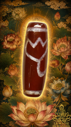 Perle sacrée tibétaine Dzi Lotus en cornaline artisanale récente La Magie du Bouddha.