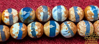 Handmade Tibetan mala for the Medicine Buddha Sangye Menla mantra in blue banded agate and Ye Ming Zhu stone