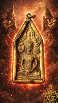 Rare amulette ancienne Phra Khunpaen du Wat Ban Krang Suphanburi dans reliquaire ancien en laiton repoussé La Magie du Bouddha.