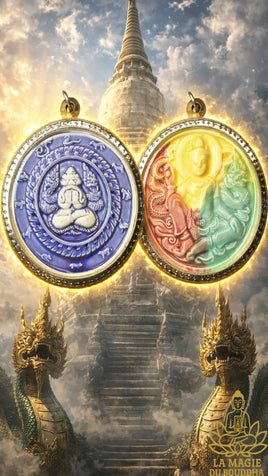 🔱 Grande amulette Jatukham Rammathep et Bouddha protecteur Phra Pidta en céramique multicolore La Magie du Bouddha.