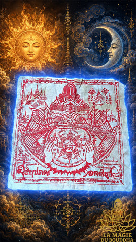 Tissus sacré Pa Yant Phra Rahu Suryaparaka consacré lors de l’éclipse solaire de 1995 La Magie du Bouddha.