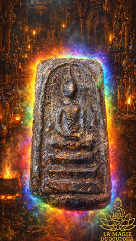 ✨ Tablette votive Phra Somdej ancienne patinée au verre alchimique irisé La Magie du Bouddha.