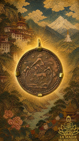 Pièce tibétaine ancienne 5 Sho montée en pendentif La Magie du Bouddha.