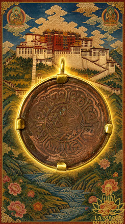 Amulette tibétaine ancienne pièce de 5 Skar montée en pendentif (1913 – 1922) La Magie du Bouddha.