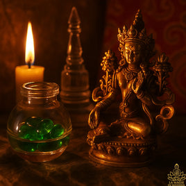 Lot sacré de la protectrice Tara Verte – Statuette en bronze doré et chorten aux reliques Ringsel