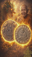 Large black Jatukham Rammathep and Luang Phor Thuat amulet (Roon Khot Sethi Mee Kamlae edition)