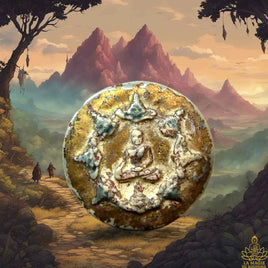 Grande amulette / tablette votive de Jatukham Rammathep et Phra Rahu en céramique céladon avec feuille d’or