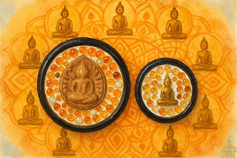 Reliquaires anciens en bois laqué décoré de fleurs – perles sarira, Phra Somdej et Luang Phor Sothorn