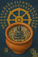 Reliquaire ancien Mön avec Bouddha en plomb et perles sarira multicolores La Magie du Bouddha.