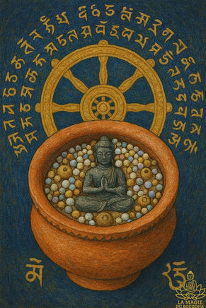 Reliquaire ancien Mön avec Bouddha en plomb et perles sarira multicolores La Magie du Bouddha.