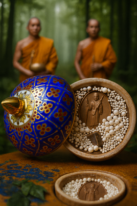 Perles reliques sacrées en pot Benjarong avec médaille de Phra Siwali – Wat Phanang Choeng (Ayutthaya)