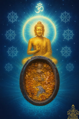 Reliquaire ancien aux perles sarira ambrées et Bouddha Phra Phong Suphan