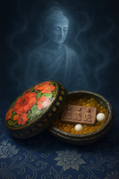 Petite collection de reliques bouddhistes – Boîte ancienne, tablette votive et perles sacrées sarira. La Magie du Bouddha.