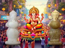 Statuettes artisanales de Ganesh debout portant un gâteau sacré – pierre blanche et verte La Magie du Bouddha.