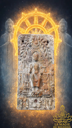 🙏🏽 Ancienne tablette votive bouddhiste Dvaravati en métal gris - Wat Phra Pathom Chedi La Magie du Bouddha.