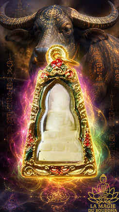 Amulette artisanale thaïlandaise Bouddha en os de buffle d’eau sculpté La Magie du Bouddha.