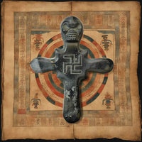 Talisman tibétain Bönpo en pierre magnétique noire – Croix avec crâne Citipati et svastika