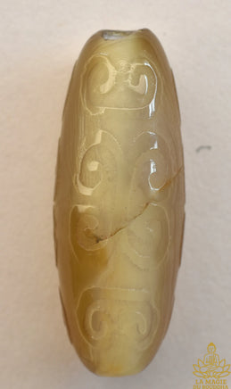 Perle Dzi artisanale récente Agate translucide – Motifs chinois stylisés La Magie du Bouddha.