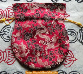 Sachet pour chapelet Tibétain mala en brocard rouge et or. La Magie du Bouddha.