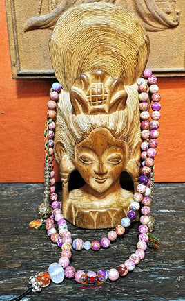 Chapelet Bouddhiste Tibétain en pierre rose - Pour la pratique de Tara. La Magie du Bouddha.
